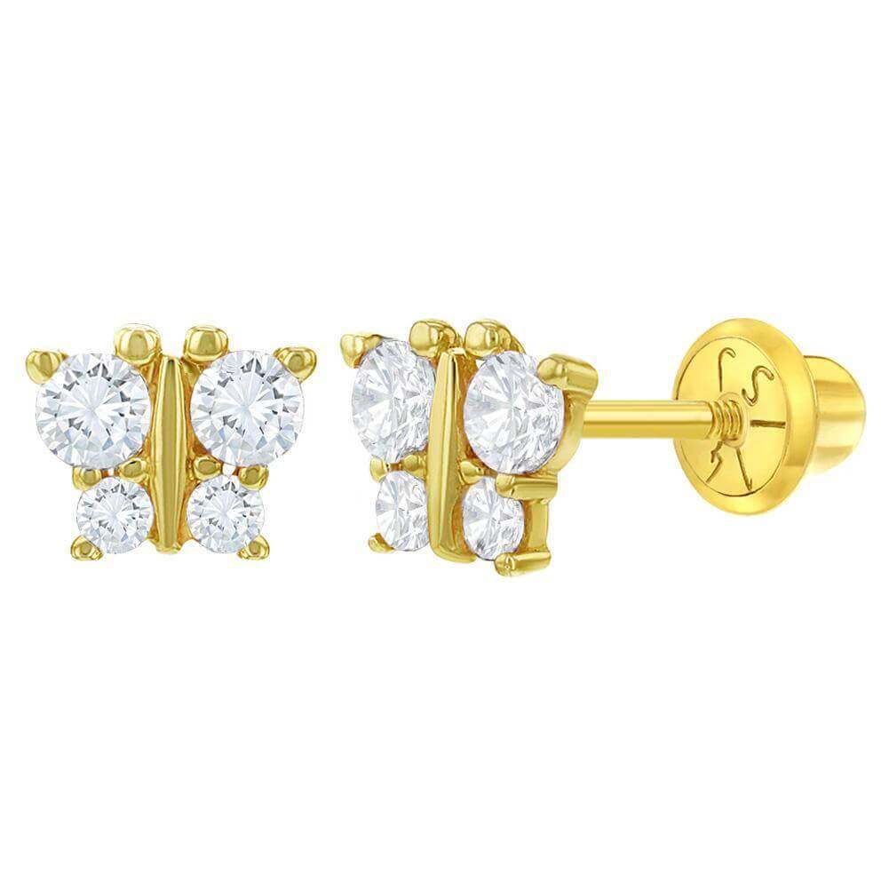 14k Gold AAA Clear CZ Butterflies Baby Children Screw Back Earrings - Trendolla Jewelry